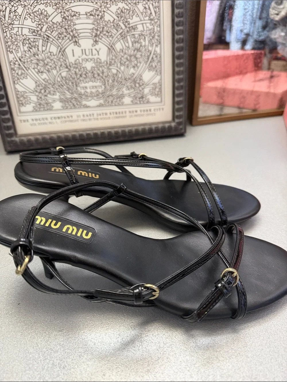 Miu Miu Black Patent Strappy Ankle Sandals